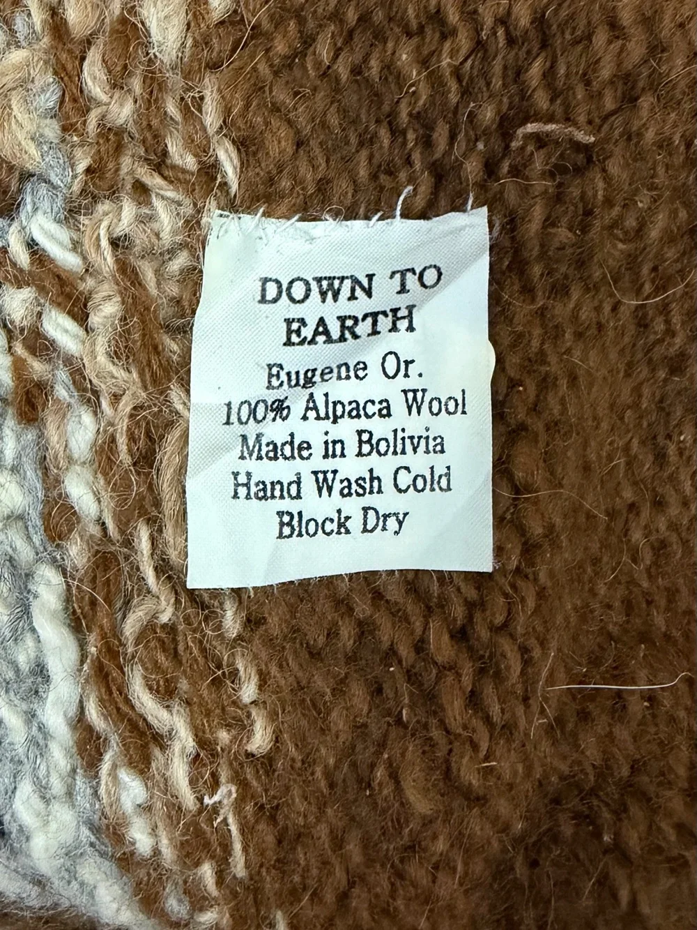 Down To Earth 100% Alpaca Hat Beanie Brown w/ White Black Grey Oatmeal Geometric